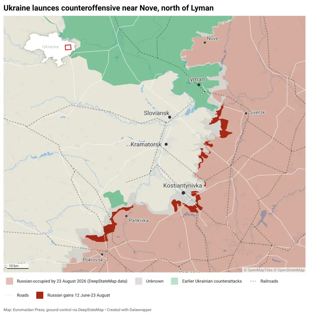 Map of the Ukrainian counteroffensive near Nove, north of Lyman, as of 23 August 2026 Map of the Ukrainian counteroffensive near Nove, north of Lyman, as of 23 August 2026