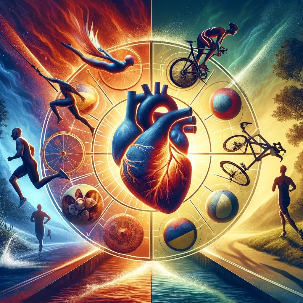 A dynamic and visually engaging scene capturing the essence of balance between exercise and health. The image should feature a symbolic representation of the heart at the center, surrounded by two contrasting halves. On one side, illustrate the vibrant energy of an amateur triathlete in action, swimming, cycling, and running, embodying the vigor and passion for high-intensity endurance sports. The other half should convey a serene and calm environment, representing rest, recovery, and the importance of moderation in physical activity. This juxtaposition should vividly depict the concept of finding the right balance in exercise intensity to protect and enhance cardiovascular health, without the use of any alphabets or numbers.
