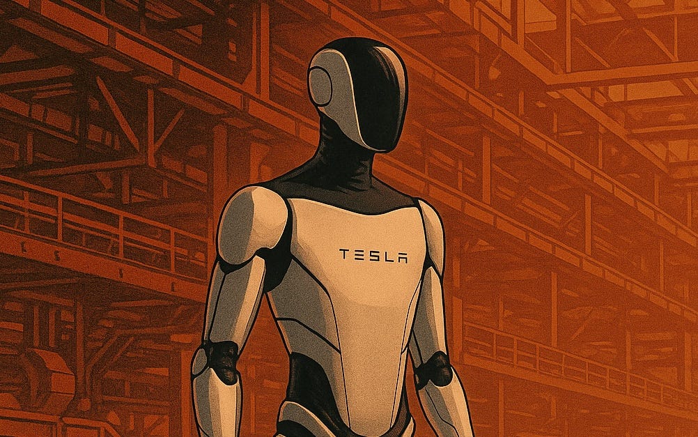 drawing of a tesla's Optimus robot in a factory