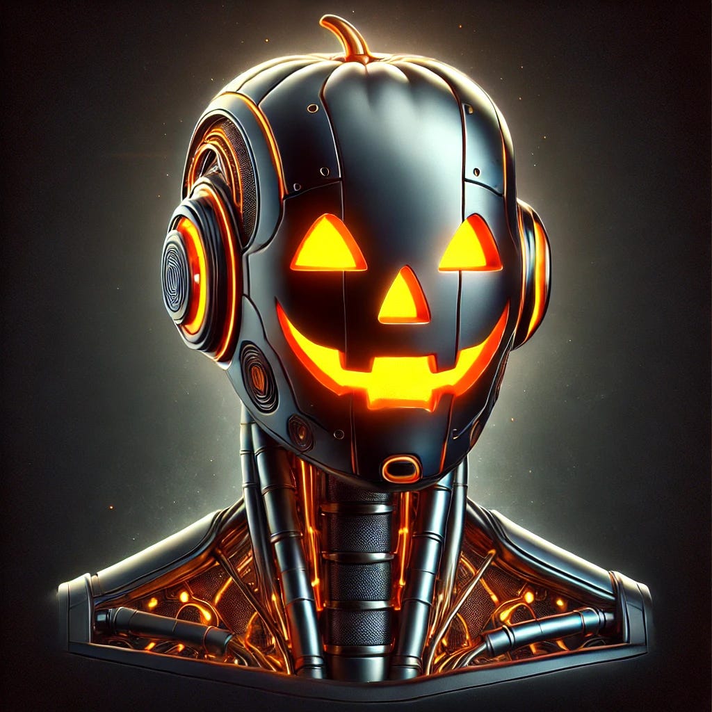 A detailed illustration of a sleek and sophisticated AI robot with a bright, vibrant orange jack-o-lantern head. The robot has a modern, polished metallic body with smooth surfaces and subtle glowing circuits. The jack-o-lantern head is stylish and sleek, with a vivid orange color and illuminated carved eyes and mouth, creating a warm, spooky glow. The background is dark and misty, emphasizing the bright orange head against the futuristic metallic body. This design combines elegance, advanced technology, and Halloween spirit, making the robot appear both stylish and eerie.