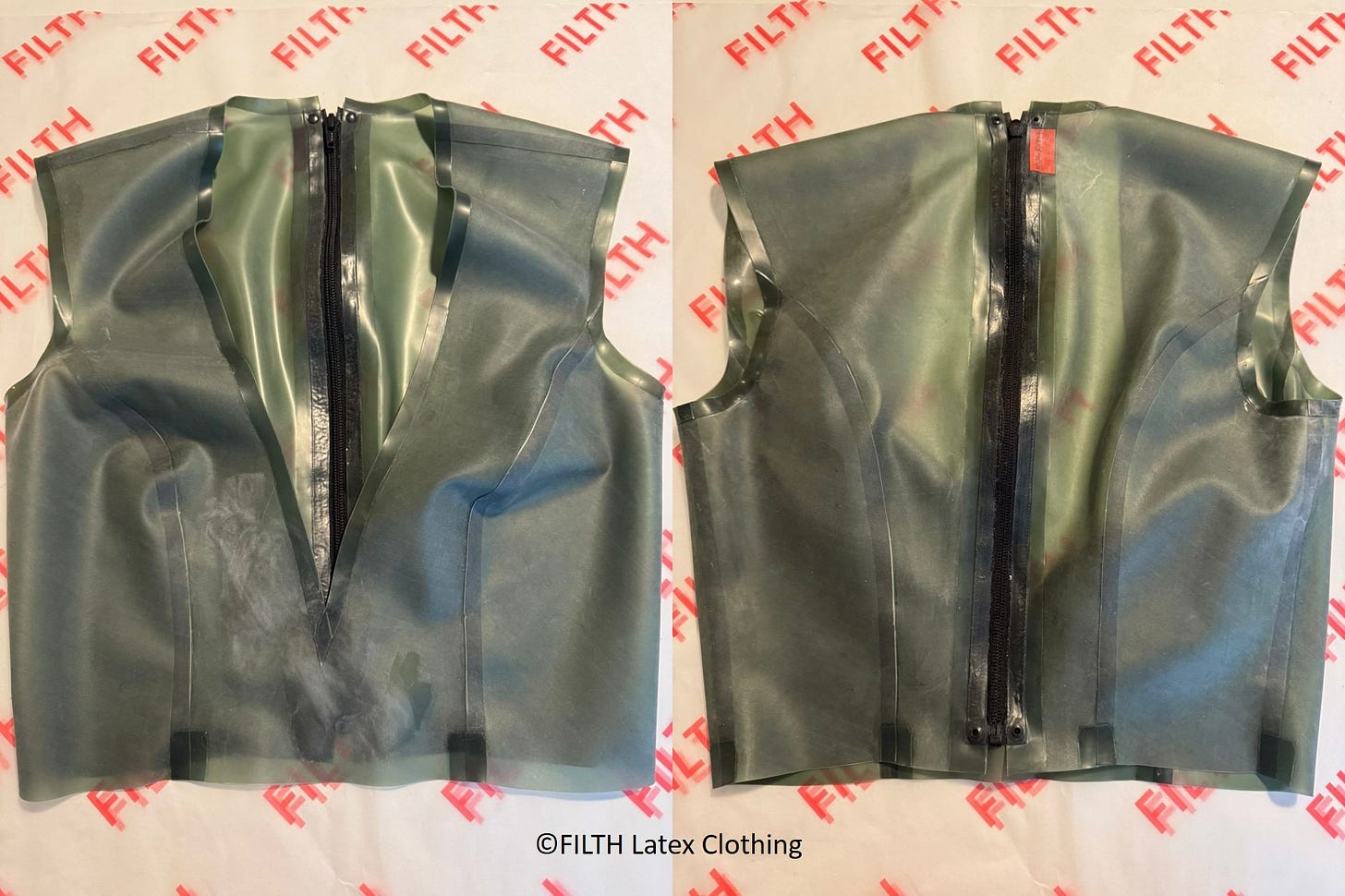 Two inside views of high quality latex apparel pictured on FILTH branded paper background
