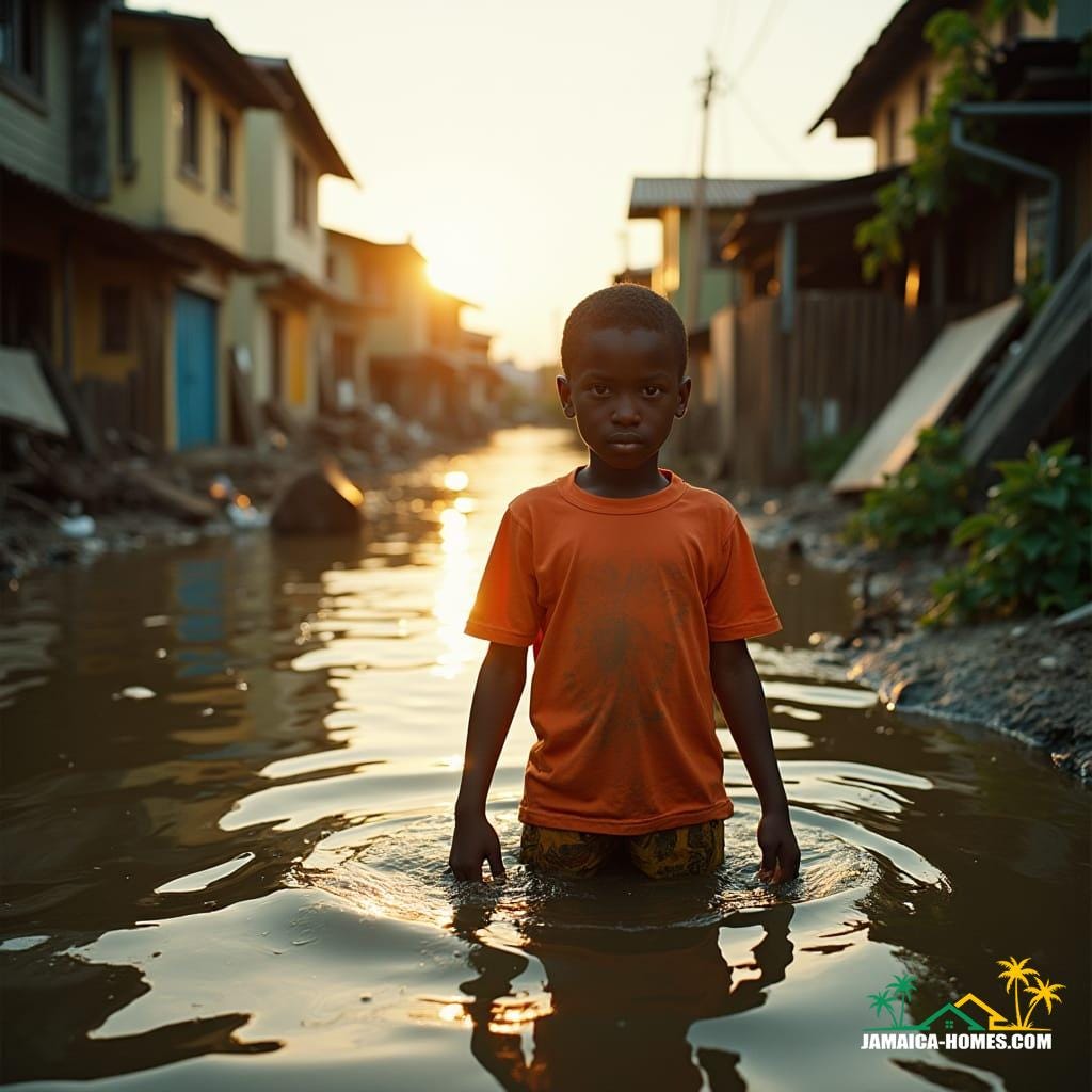 A devastating flood engulfs the quaint streets of Jamaica Town, capturing the chaos and desperation of its residents.