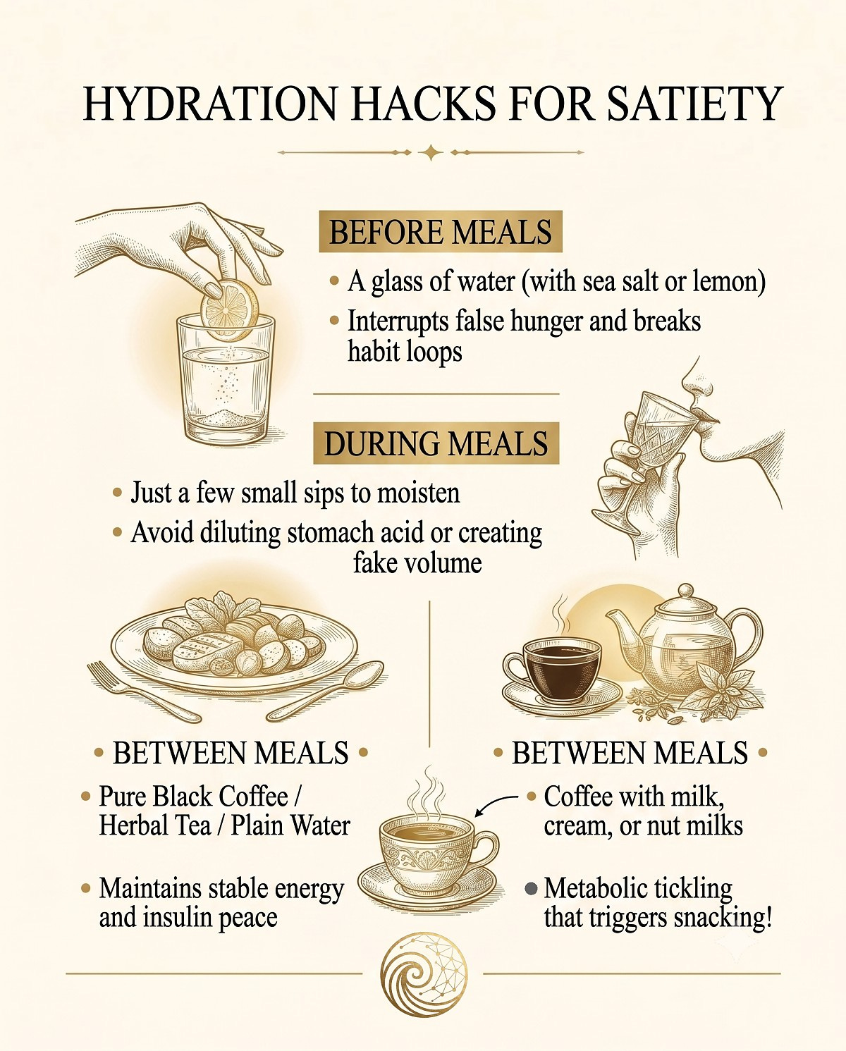 Vintage chart showing hydration rules before, during, and between meals including lemon water and black coffee.