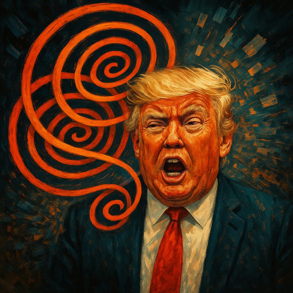 A vivid digital caricature of Donald Trump with exaggerated features and an intense expression, shouting as fiery orange-red spirals emerge from his mouth. The spirals symbolize chaotic, repetitive loops of distorted speech that radiate outward, set against a dark, fragmented background representing the collapse of coherent reality.