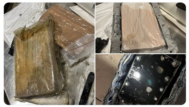 CBP Officers found 4 pounds of fentanyl powder hidden inside the oil pan of a vehicle being driven into Calexico, CA from Mexicali, Mexico. CBP Officers found 4 pounds of fentanyl powder hidden inside the oil pan of a vehicle being driven into Calexico, CA from Mexicali, Mexico.