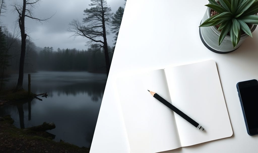A split-screen composition contrasting a misty, atmospheric New England forest on the left with a clean, minimalist modern home office on the right. The office features a white oak desk with a classic wooden pencil and an open notebook, symbolizing the intersection of Henry David Thoreau’s intentional living and modern ethical entrepreneurship. A split-screen composition contrasting a misty, atmospheric New England forest on the left with a clean, minimalist modern home office on the right. The office features a white oak desk with a classic wooden pencil and an open notebook, symbolizing the intersection of Henry David Thoreau’s intentional living and modern ethical entrepreneurship.