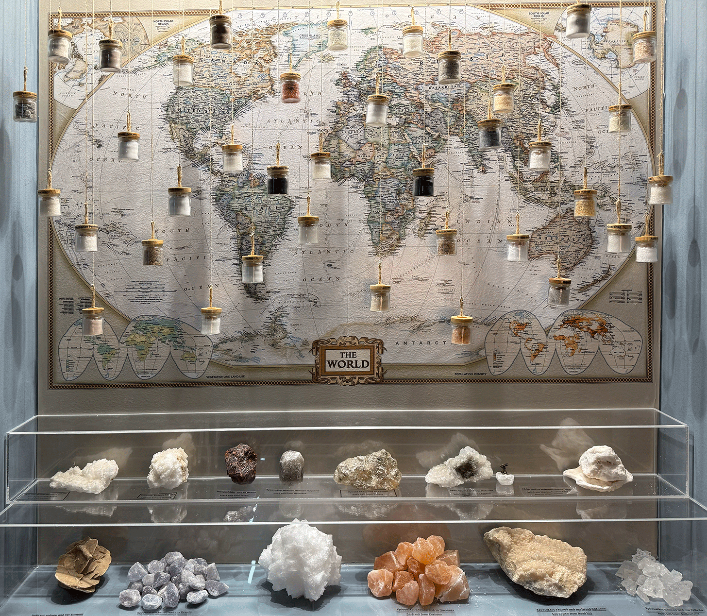 salt hanging from jars overlay on a map of the world