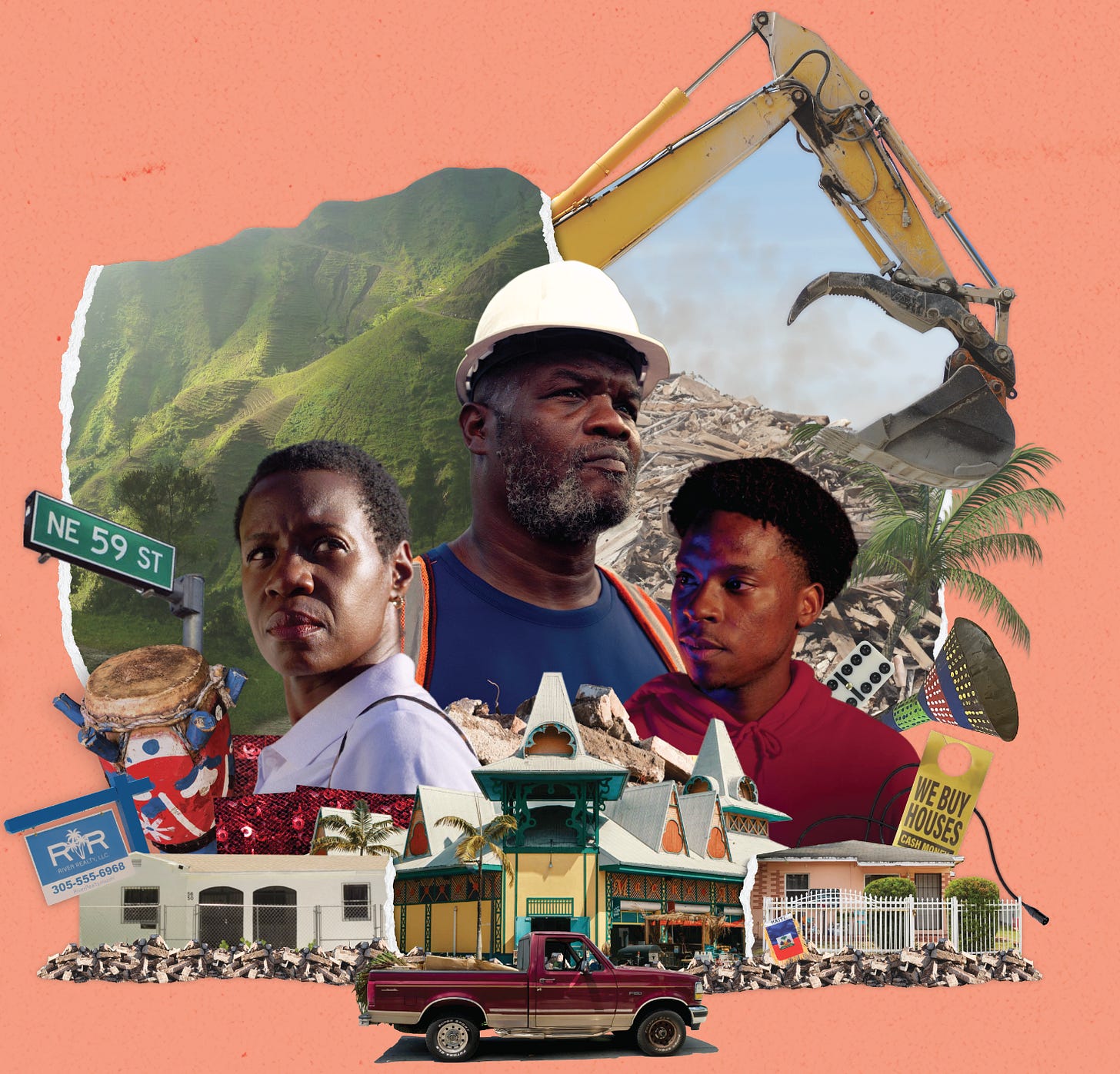 Movie poster for Mountains the film. Three people looking off in the distance. Orange background, and many vivid symbols behind them, such as real estate signs, drums, Haitian Flag, and Xaiver's work vehicle.