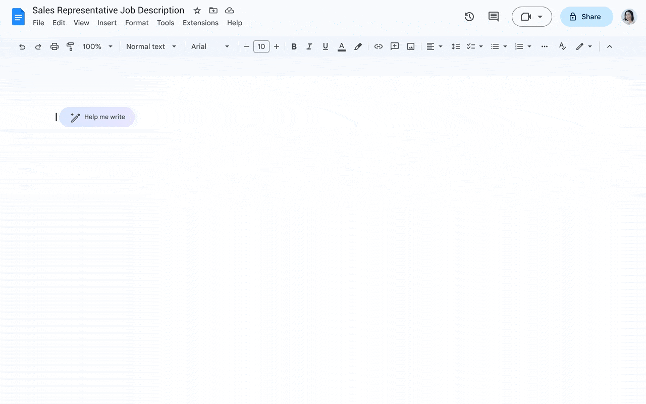A demonstration of Google Doc's AI generation tool A demonstration of Google Doc's AI generation tool