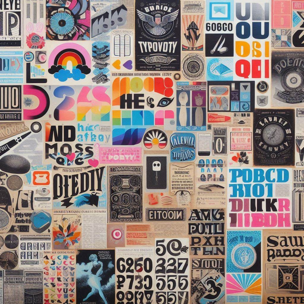a newspaper and magazine style scrapbook collage of imagery related to fonts, typefaces, typesetting, and letter forms