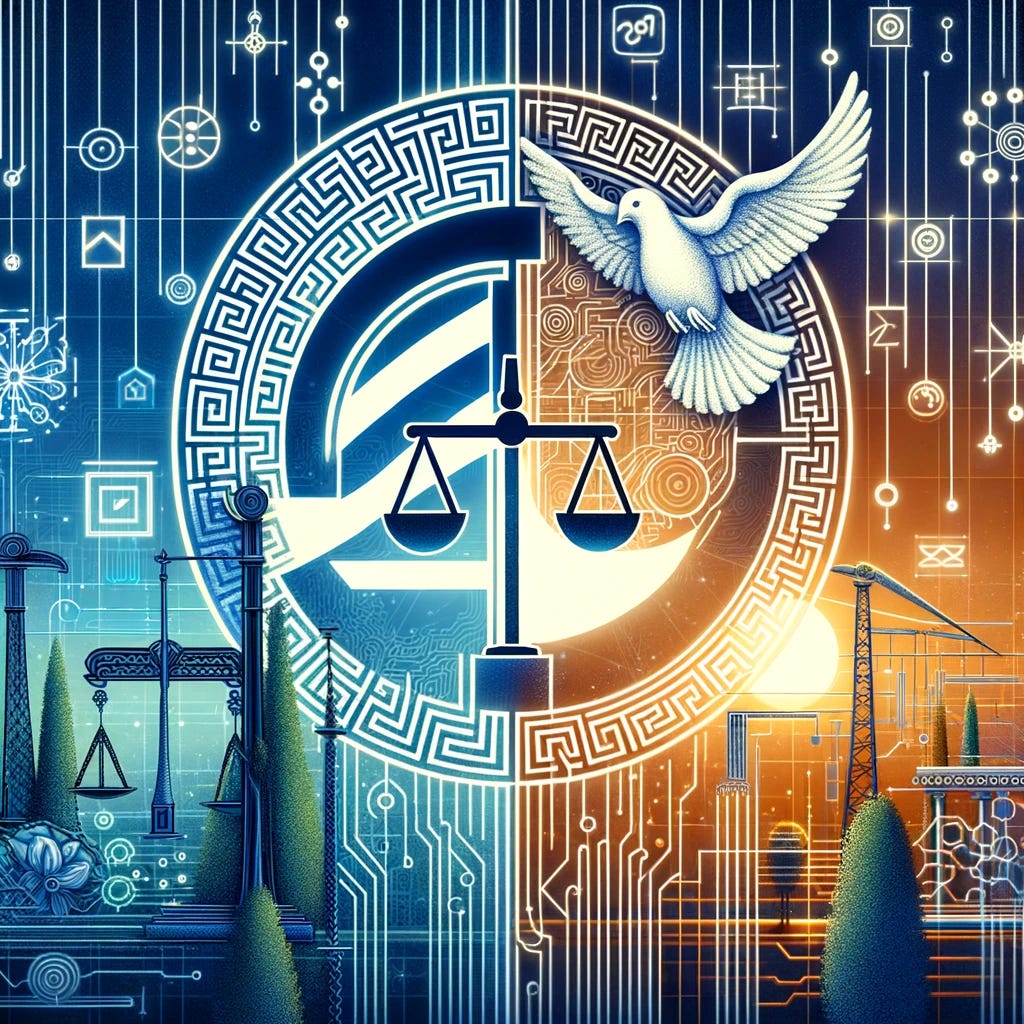 Create a visual representation for the white paper titled 'The Multiplier Effect: AI and Conflict Management,' incorporating the Greek symbol for harmony, ἁρμονία (harmonia), to symbolize the goal of achieving workplace harmony through AI-enhanced conflict management strategies. The image should fuse elements of Artificial Intelligence, such as circuitry or digital landscapes, with symbols of harmony and conflict resolution, like the scales of balance or a dove, alongside the Greek symbol for harmony. This visualization aims to convey how AI technologies can support and amplify traditional conflict management methods, leading to a more harmonious organizational environment.
