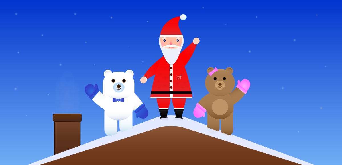 Santa Claus with Fluffy and Ivy, the Two Happy Bears, celebrating the approaching Christmas holiday.