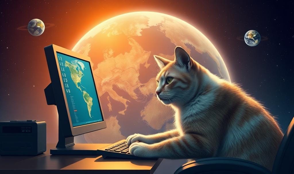 Image of cat using a computer to save the planet.
