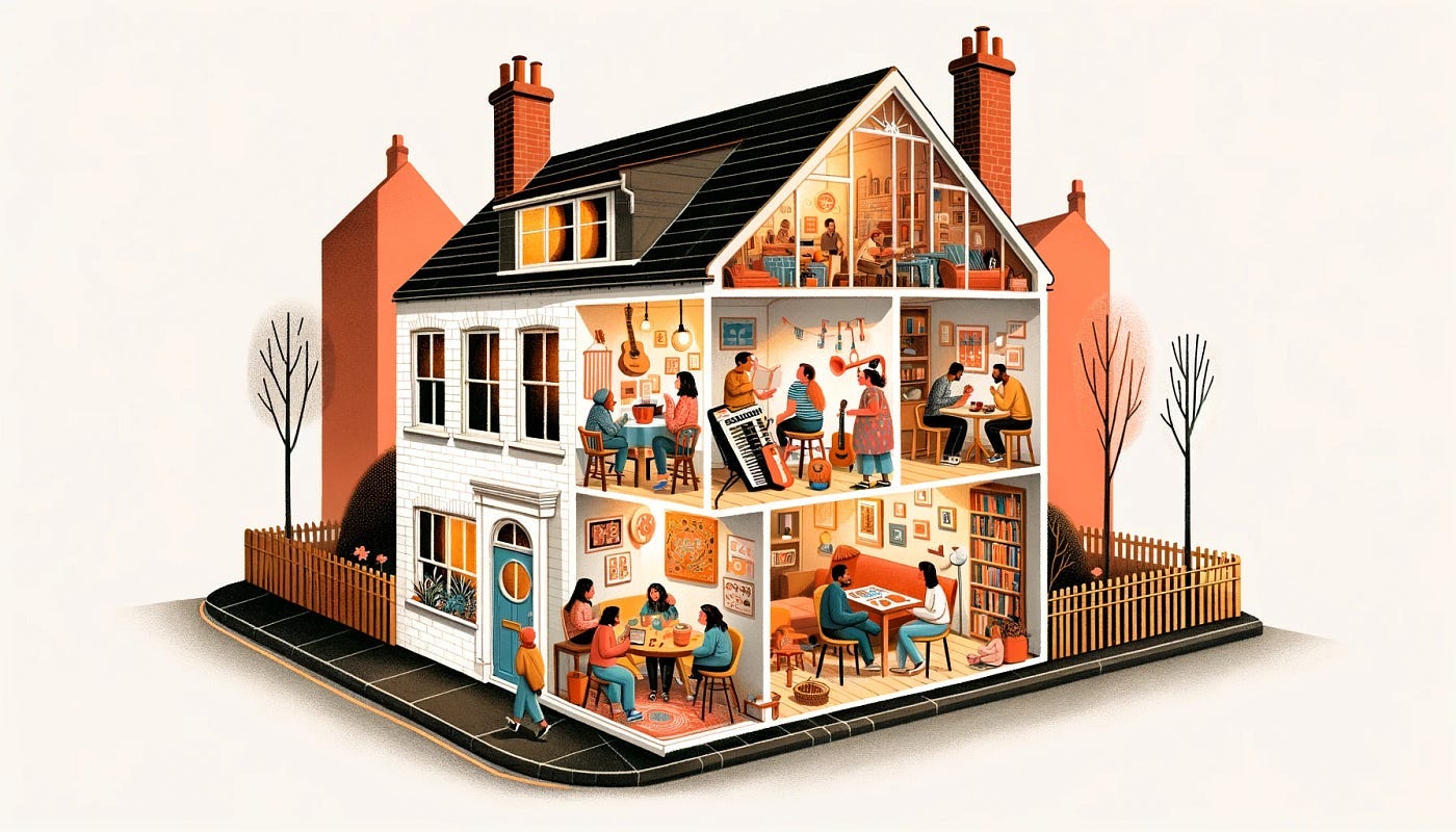 People socializing in diverse ways in a clubhouse type building