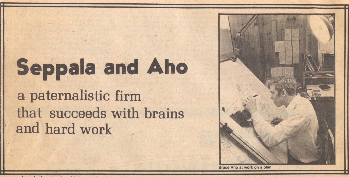 Bruce Aho at drafting table at Seppala and Aho
