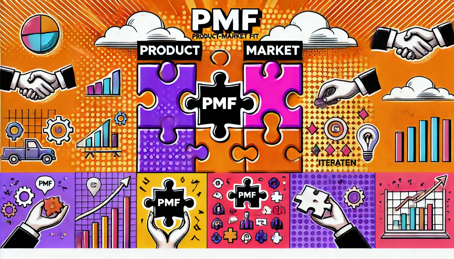 A pop art style illustration depicting the concept of Product-Market Fit (PMF) for startups. The color palette is restricted to bright purple, bright orange, black, and white, with a white background. The design features elements like puzzle pieces fitting together, representing the alignment of product and market, with symbols of growth and iteration. The scene is clean and minimal, capturing the iterative process of achieving PMF through feedback and product adjustments.