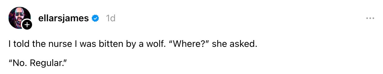 ellarsjames 1da day ago I told the nurse I was bitten by a wolf. “Where?” she asked. “No. Regular.” ellarsjames 1da day ago I told the nurse I was bitten by a wolf. “Where?” she asked. “No. Regular.”