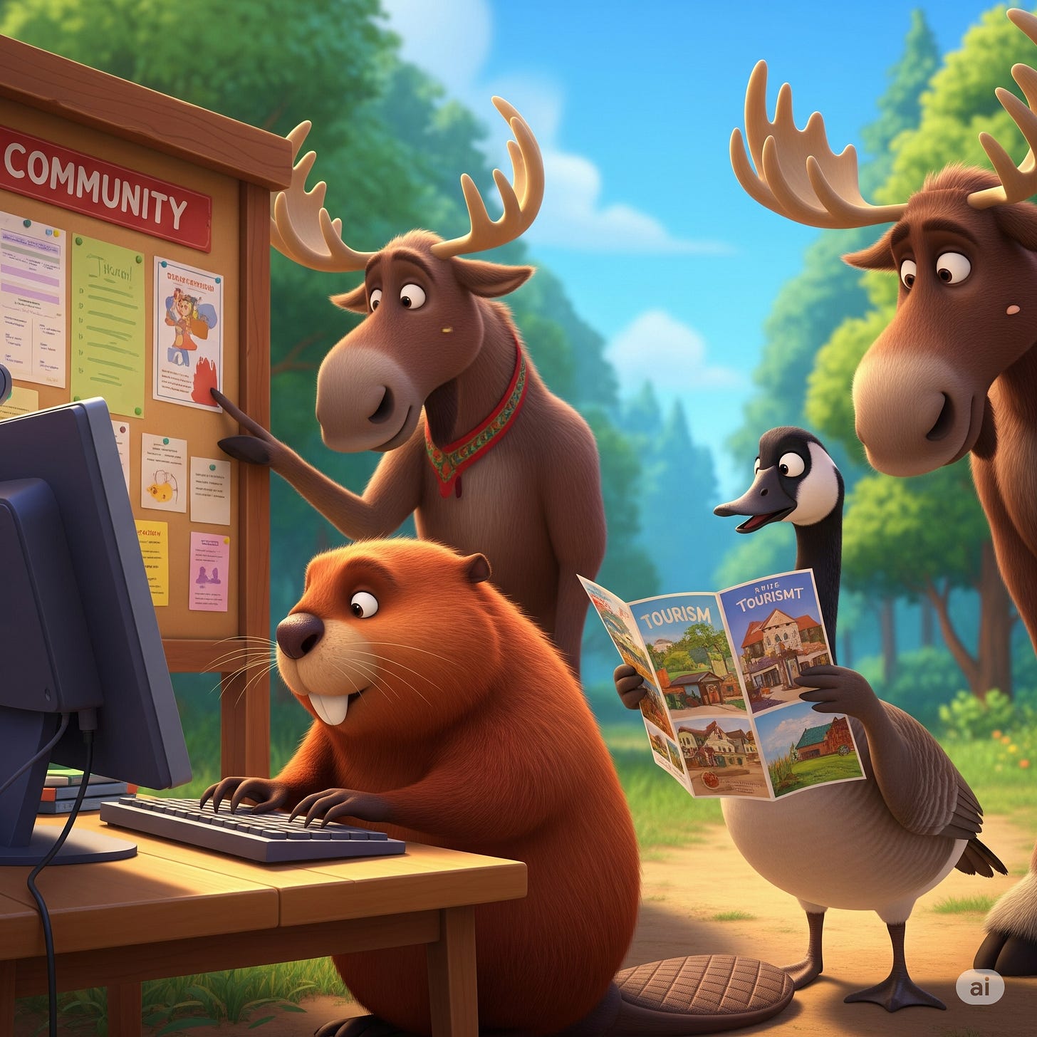 A vibrant, Pixar-style 3D animation of anthropomorphic animals in a sunny, wooded area. In the foreground, a beaver sits at a wooden desk, focused on typing on a computer. Next to the beaver, a Canada goose holds and reads a brochure titled "TOURISM." In the background, a large moose points to a notice on a community bulletin board as another moose looks on. The lighting is soft and the atmosphere is warm and friendly.