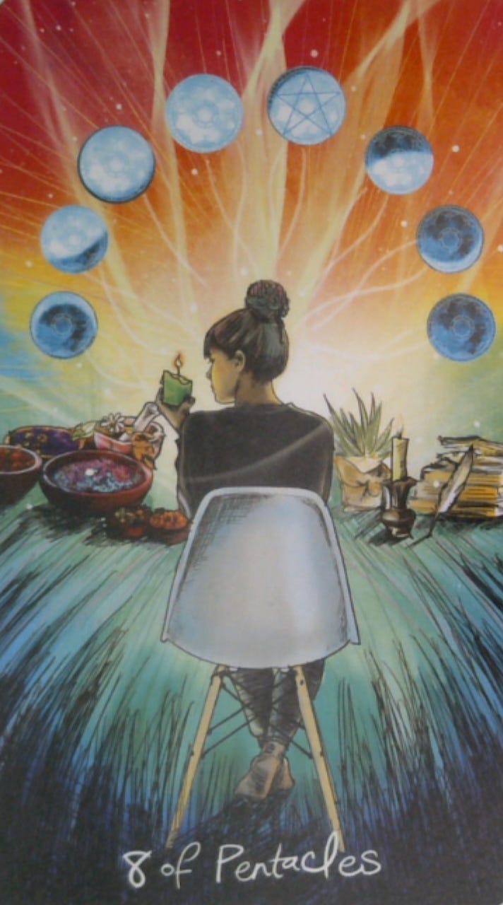 The 8 of Pentacles tarot card and the Happy, Happy oracle card