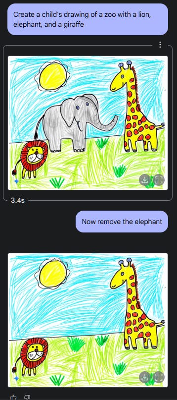 "Create a child's drawing of a zoo with a lion, elephant, and a giraffe" "Now remove the elephant"