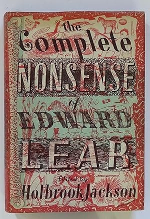 The image is a photo of an old book cover: The Complete Nonsense of Edward Lear, in crazy, bold text in giant capitals, some in black, some outlined only so that the flouncey drawings in red ink are seen behind the text. Different line-drawn animals, zebras, birds, monkeys, a clock, several cartoonish faces, big smiles, long noses.