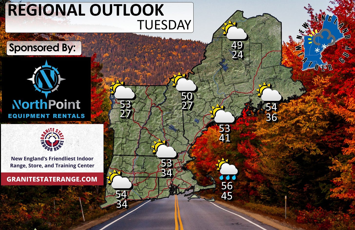 May be an image of map, road, ski slope and text that says 'REGIONAL OUTLOOK TUESDAY Sponsored By: 49 24 NorthPoint EQUIPMENT RENTALS 53 27 50 27 54 36 New England's Friendliest Indoor Range, Store, and Training Center 53 41 GRANITESTATERANGE.COM 53 34 54 34 56 45 ンクチーラッスパン'