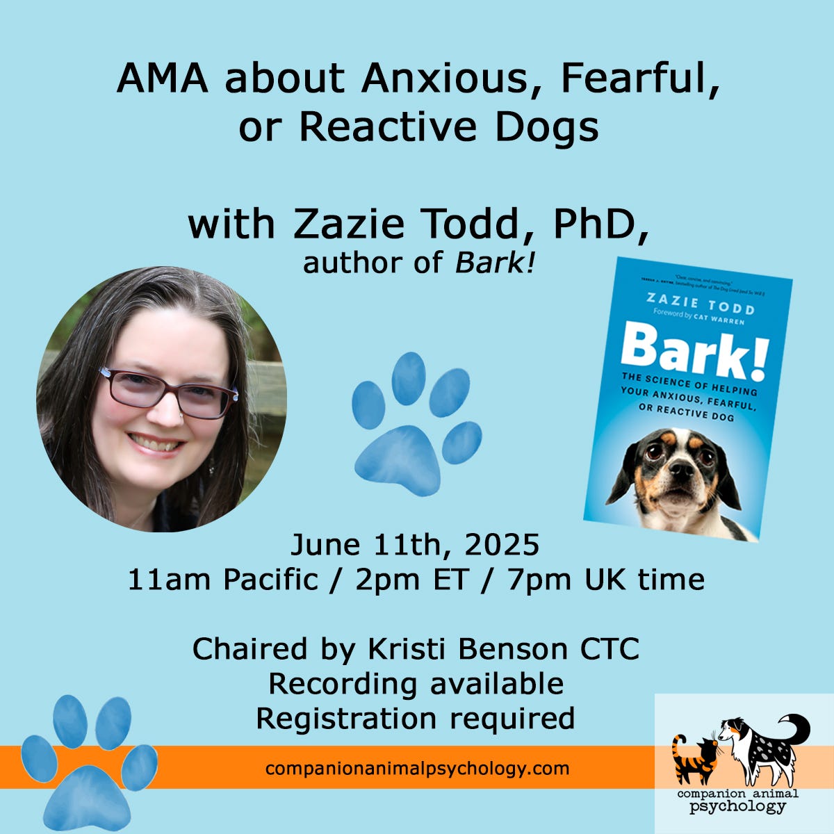The flyer for the Ask Me Anything includes the details given above along with the cover of Bark! and a photo of me. The event is chaired by Kristi Benson and a recording is available but registration is required.