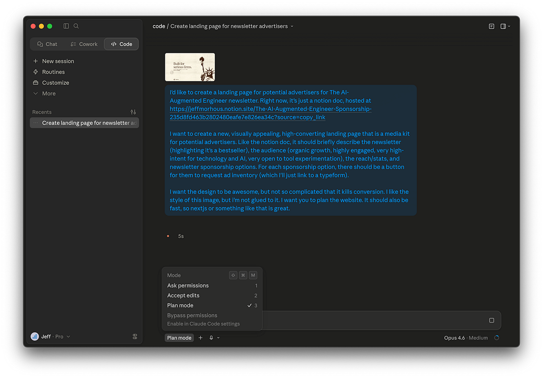 Screenshot of the Claude Code desktop app showing an initial prompt in plan mode