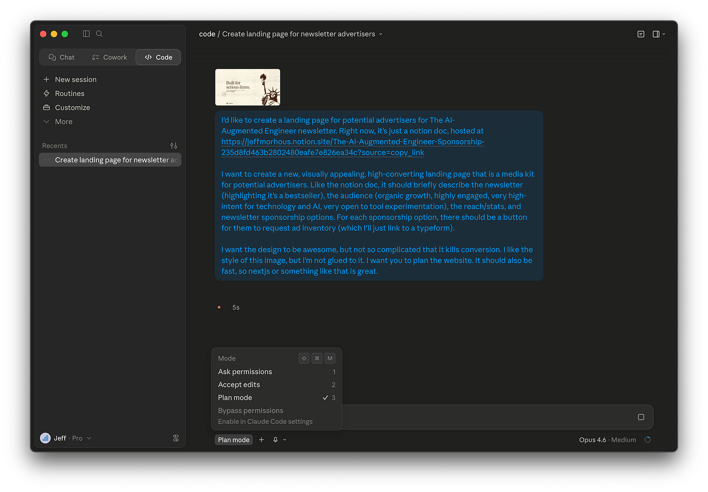 Screenshot of the Claude Code desktop app showing an initial prompt in plan mode Screenshot of the Claude Code desktop app showing an initial prompt in plan mode