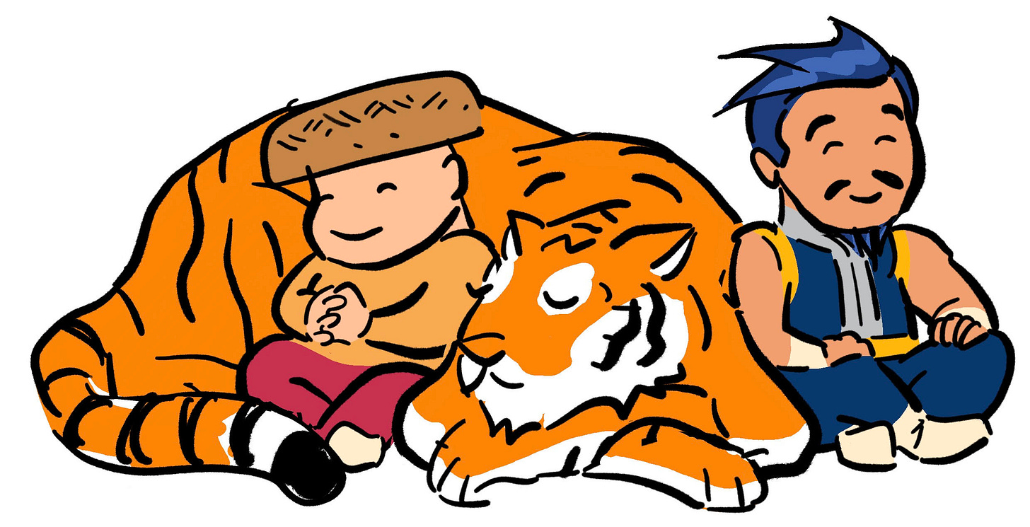 Finished color drawing of the tiger and his humans. Finished color drawing of the tiger and his humans.