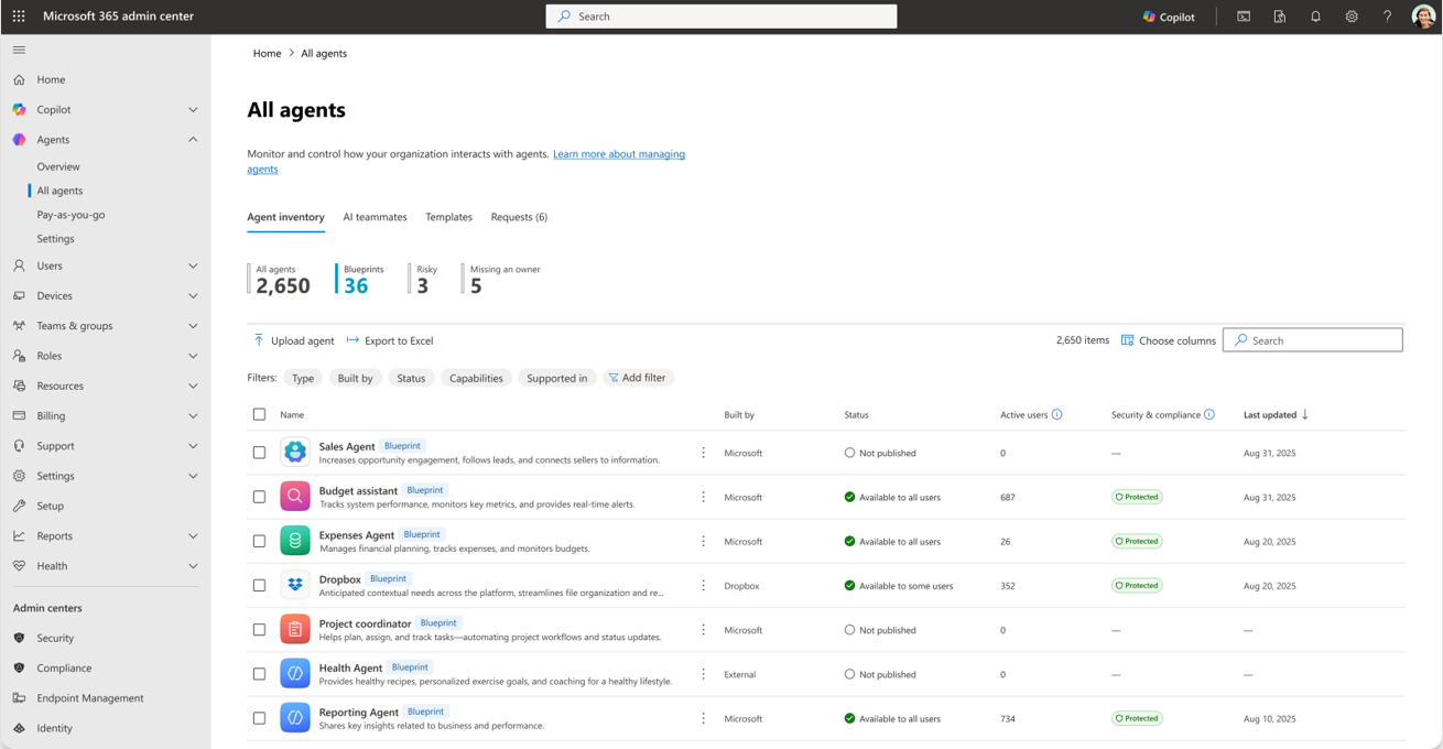 A screenshot showing the agent identities tab in Microsoft 365 Admin Center. A screenshot showing the agent identities tab in Microsoft 365 Admin Center.
