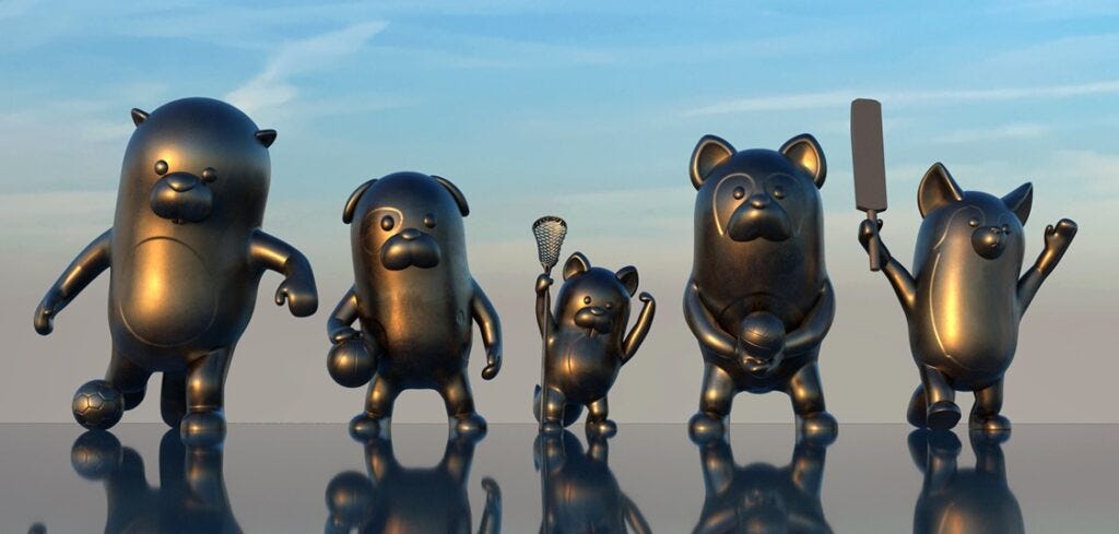 Rendering of 5 cartoon-like animals playing sports