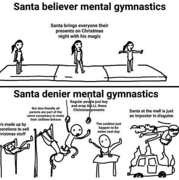 Meme comparing simple belief in Santa versus complex mental gymnastics of denial.