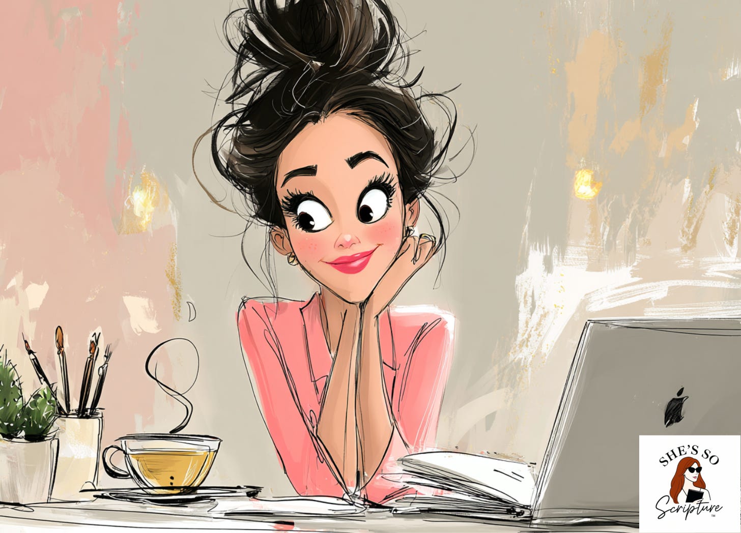 Illustration of a woman sitting at a desk with a laptop and a coffee cup Illustration of a woman sitting at a desk with a laptop and a coffee cup