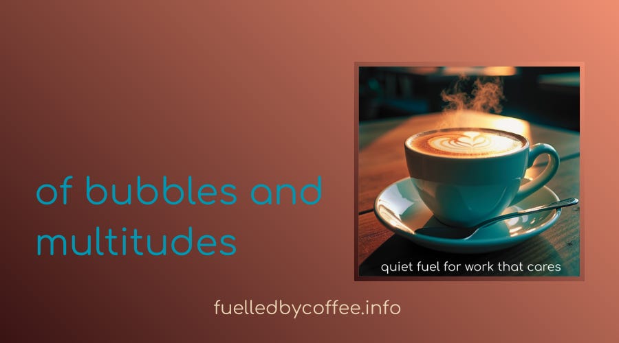 a photo of a cup and saucer with coffee, the title of the post "of bubbles and multitudes" written next to it. All on a brown background