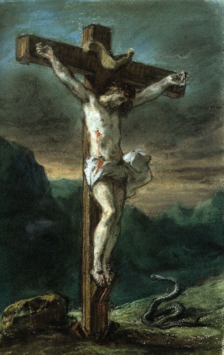 This may contain: the crucifix is depicted in this painting