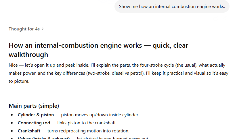 ChatGPT text-only response to "Show me how an internal combustion engine works" providing a bulleted list of main engine parts including cylinder, piston, connecting rod, and crankshaft, with no visual diagram