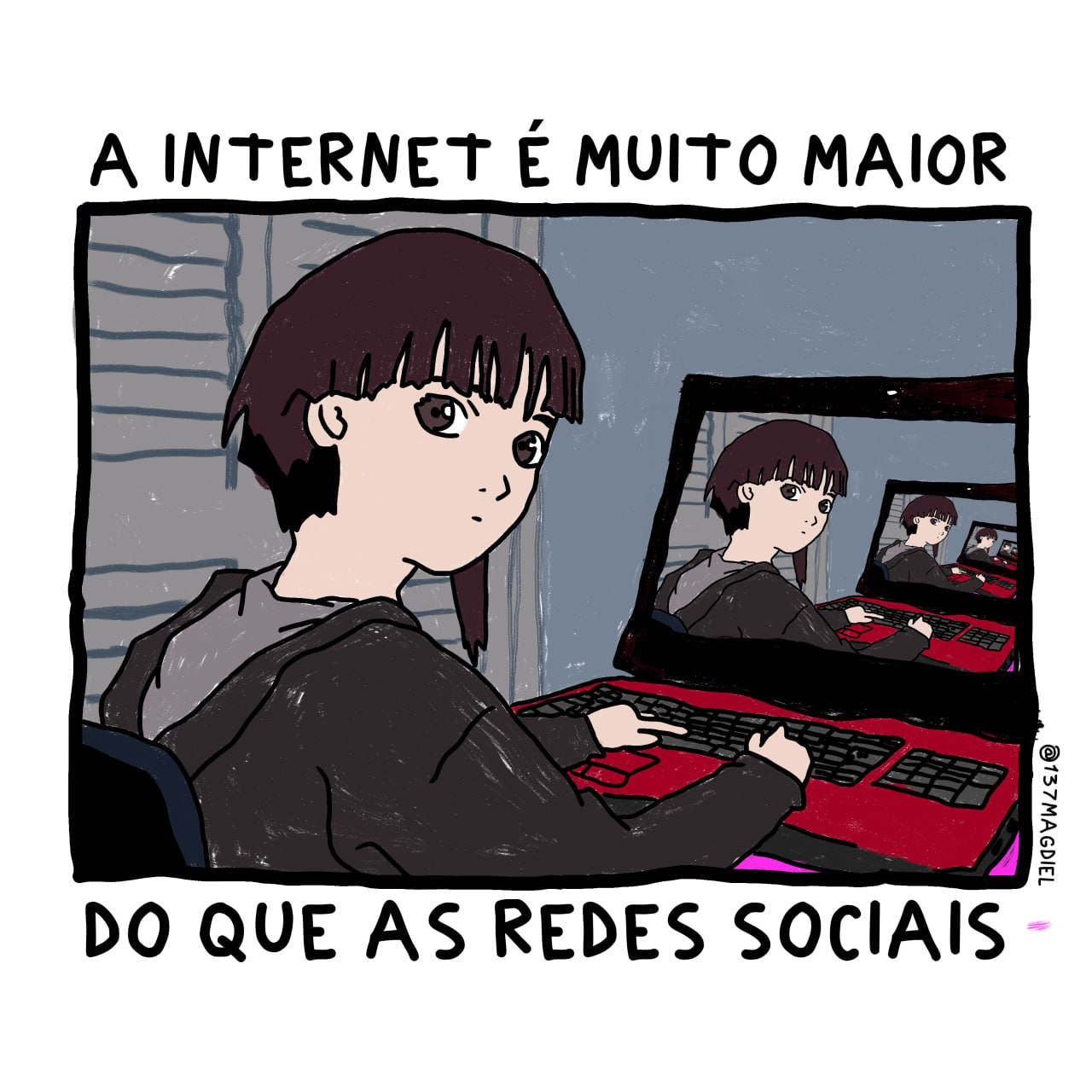 A imagem transmite a mensagem através de um letreiro: "A INTERNET É MUITO MAIOR DO QUE AS REDES SOCIAIS", e uma ilustração que mostra uma pessoa sentada em frente a um laptop, e dentro da tela do laptop, há outra imagem da mesma pessoa em frente a um laptop, criando um efeito de "infinito" ou "espelho". A imagem transmite a mensagem através de um letreiro: "A INTERNET É MUITO MAIOR DO QUE AS REDES SOCIAIS", e uma ilustração que mostra uma pessoa sentada em frente a um laptop, e dentro da tela do laptop, há outra imagem da mesma pessoa em frente a um laptop, criando um efeito de "infinito" ou "espelho".