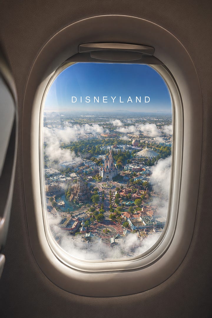 Grid of four airplane window photos: New York City, Budapest, Disneyland, and Cape Town skylines, each labeled with the city name