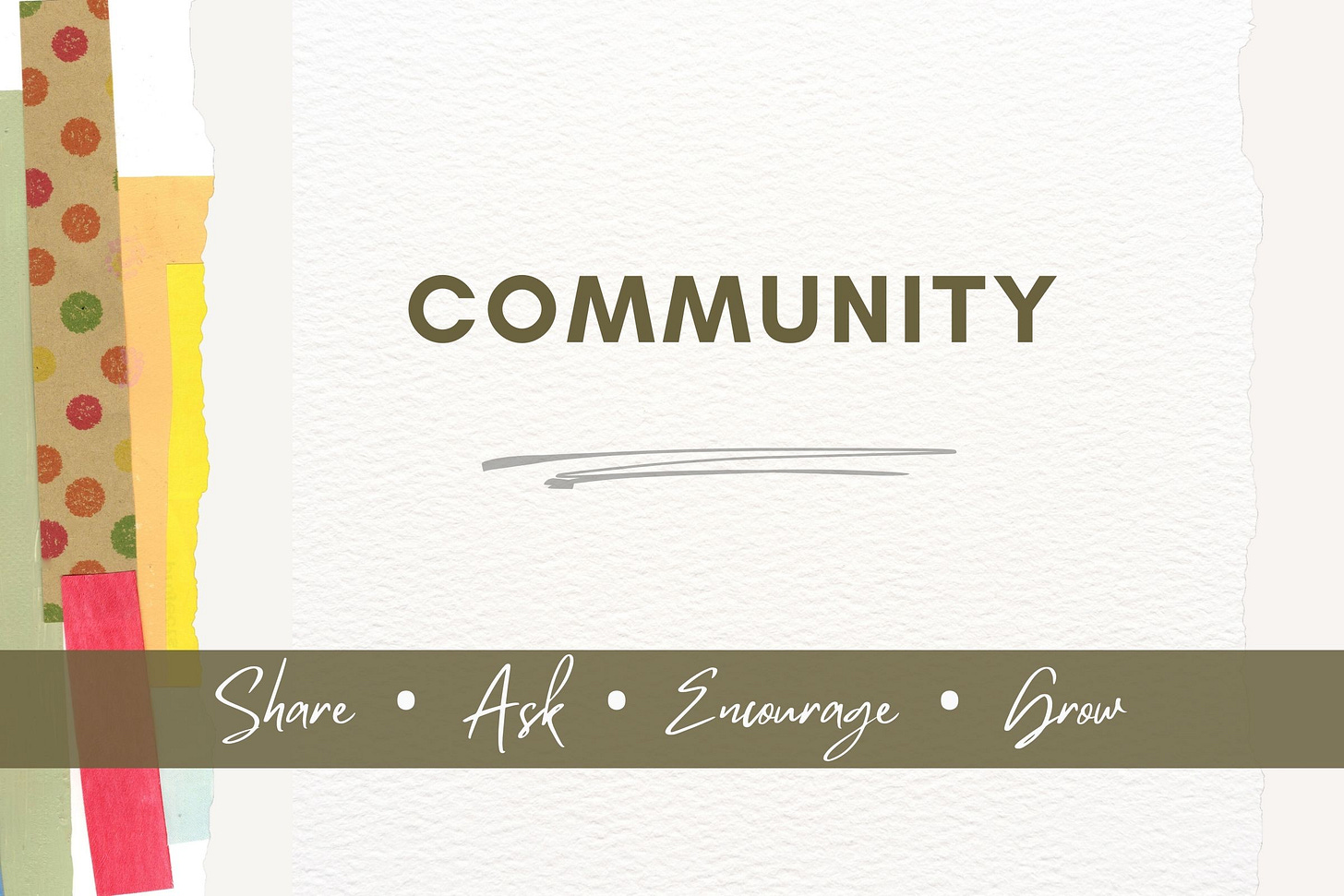 Banner titled “Community” with textured paper background and a handwritten band listing share, ask, encourage and grow. Banner titled “Community” with textured paper background and a handwritten band listing share, ask, encourage and grow.