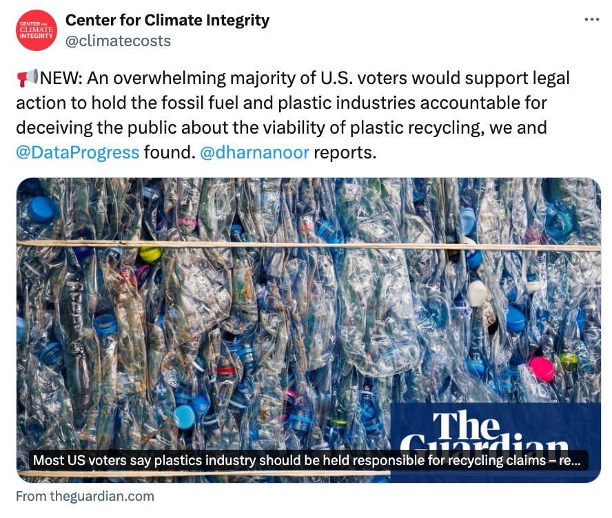 📢NEW: An overwhelming majority of U.S. voters would support legal action to hold the fossil fuel and plastic industries accountable for deceiving the public about the viability of plastic recycling, we and @DataProgress found. @dharnanoor reports.