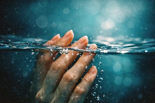 Artistic photograph of human hands emerging from still water surface with light refraction, creating an ethereal dreamlike quality