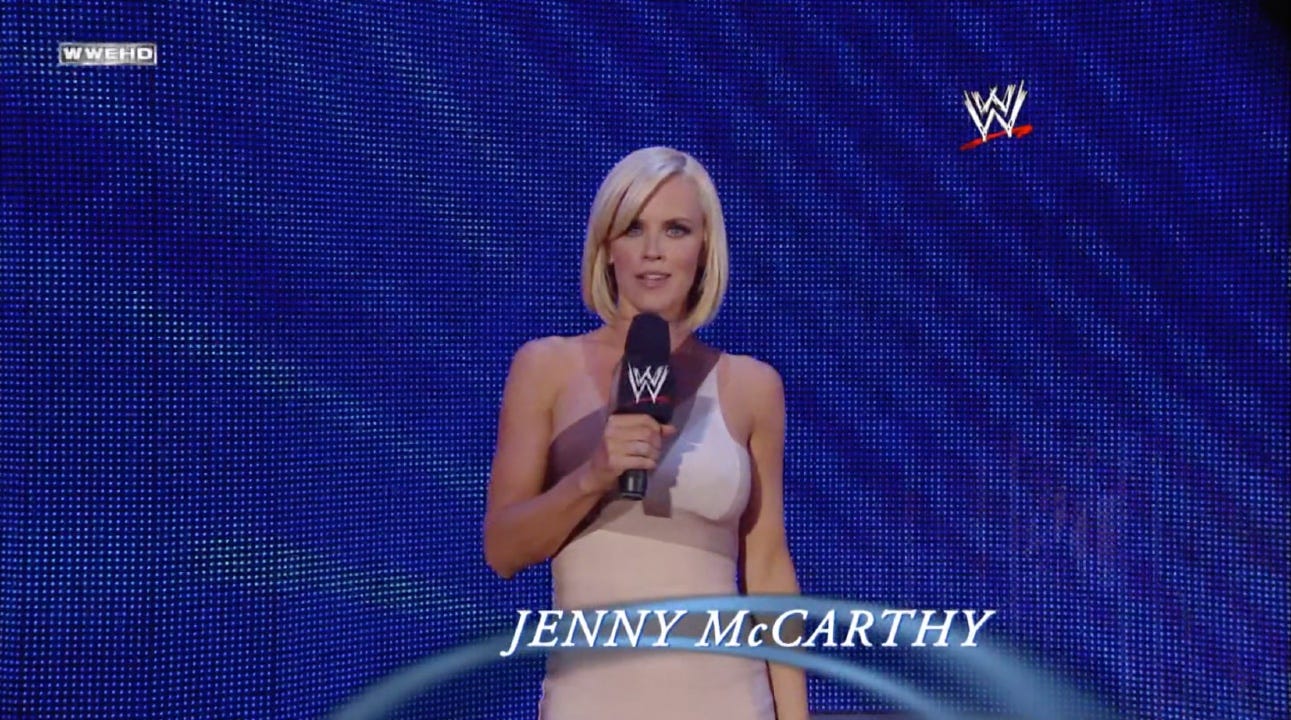 Jenny McCarthy is introduced so she can promote Generation Rescue during the final episode of WWE Saturday Night’s Main Event, which aired on NBC on August 2, 2008. (Screenshot Source: WWE Network) Jenny McCarthy is introduced so she can promote Generation Rescue during the final episode of WWE Saturday Night’s Main Event, which aired on NBC on August 2, 2008. (Screenshot Source: WWE Network)