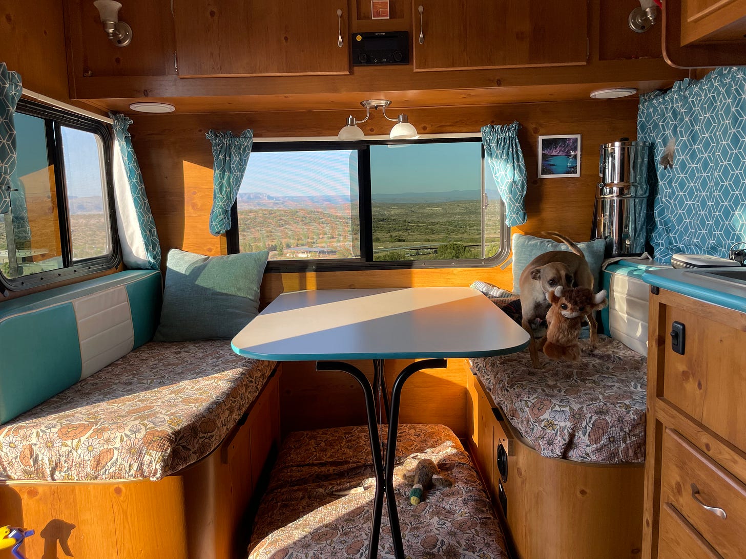the inside of a camper that is decorated like a retro garden.