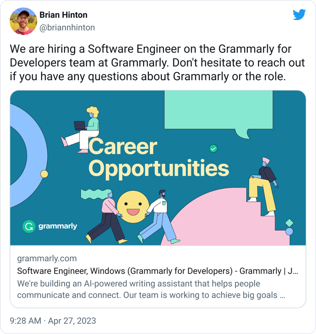 Brian Hinton @briannhinton We are hiring a Software Engineer on the Grammarly for Developers team at Grammarly. Don't hesitate to reach out if you have any questions about Grammarly or the role. Brian Hinton @briannhinton We are hiring a Software Engineer on the Grammarly for Developers team at Grammarly. Don't hesitate to reach out if you have any questions about Grammarly or the role.