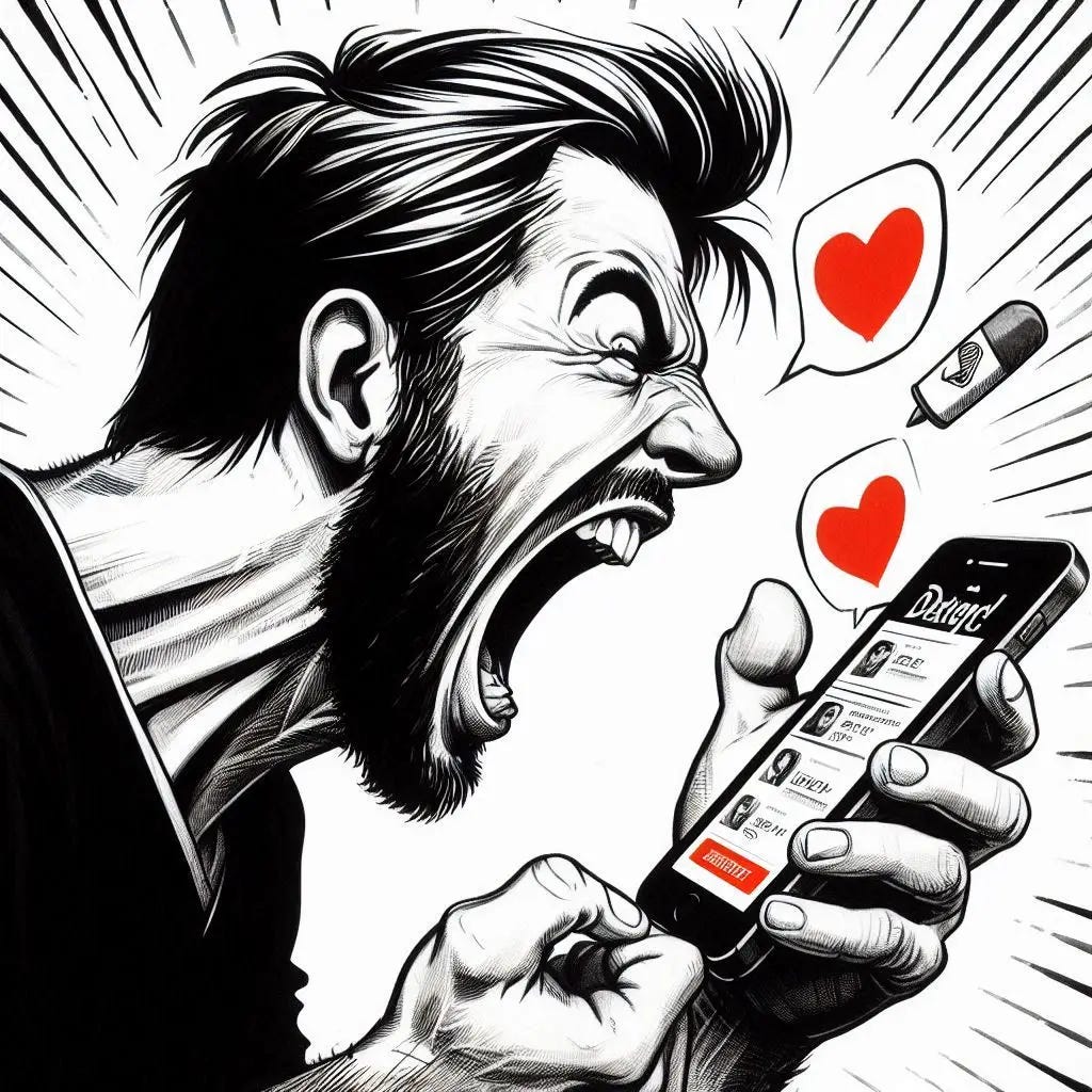 Man screaming at his phone while using a dating app in black and white ink and gouache style