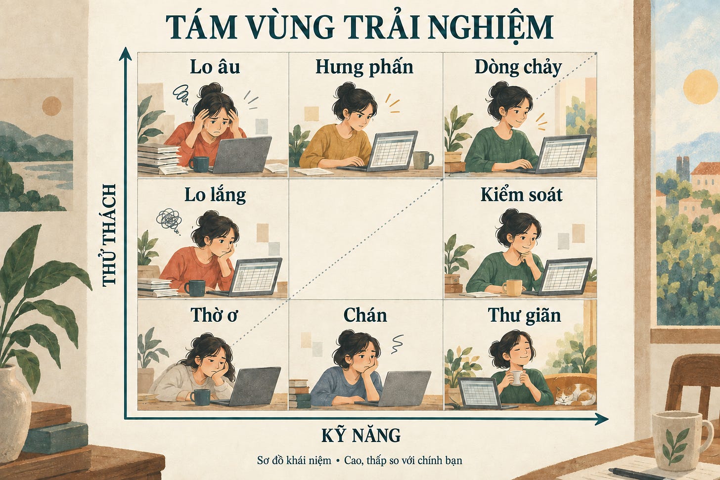 Sơ đồ tám vùng Flow: kỹ năng tăng sang phải, thử thách tăng lên trên; đường chéo nối thờ ơ với dòng chảy.
