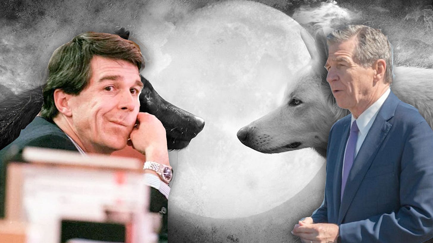 Young Roy Cooper looking at old Roy Cooper with two wolves Young Roy Cooper looking at old Roy Cooper with two wolves