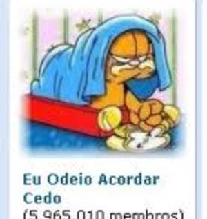 Print da comunidade "Eu Odeio Acordar Cedo" do Orkut, com 5 milhões de membros. A foto é o Garfield, um gato gordo com cara de sono, coberto por uma manta enquanto soca um despertador.