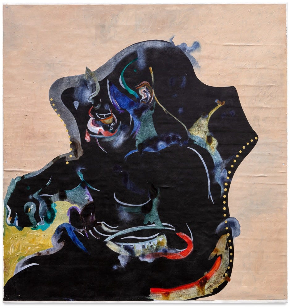 Against a rose pink background is a wavy, perhaps-human form, painted in colors of black and blue. The figure is sitting on a chair studded with gold. There are visible wrinkles on the surface of the painting, which is done on paper mounted on canvas. 